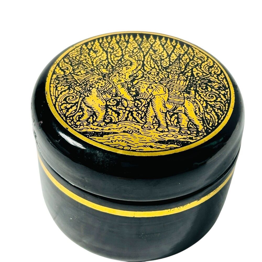 Vintage Lacquered Black Round Trinket Box Gold Accent Elephant Design Asian 3"